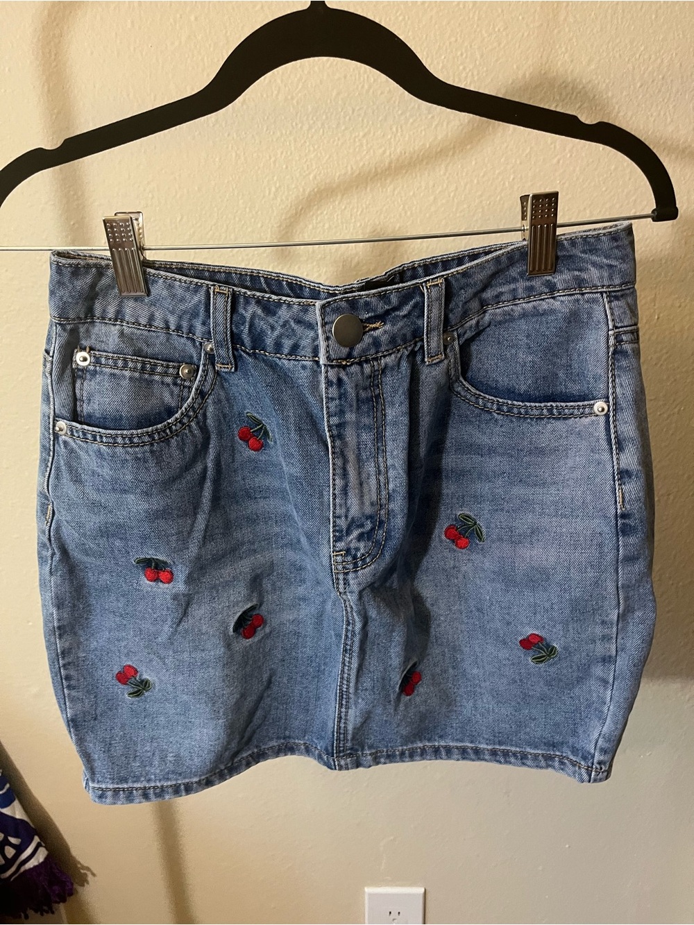 Forever 21 Denim Mini Skirt with Embroidered Cherries